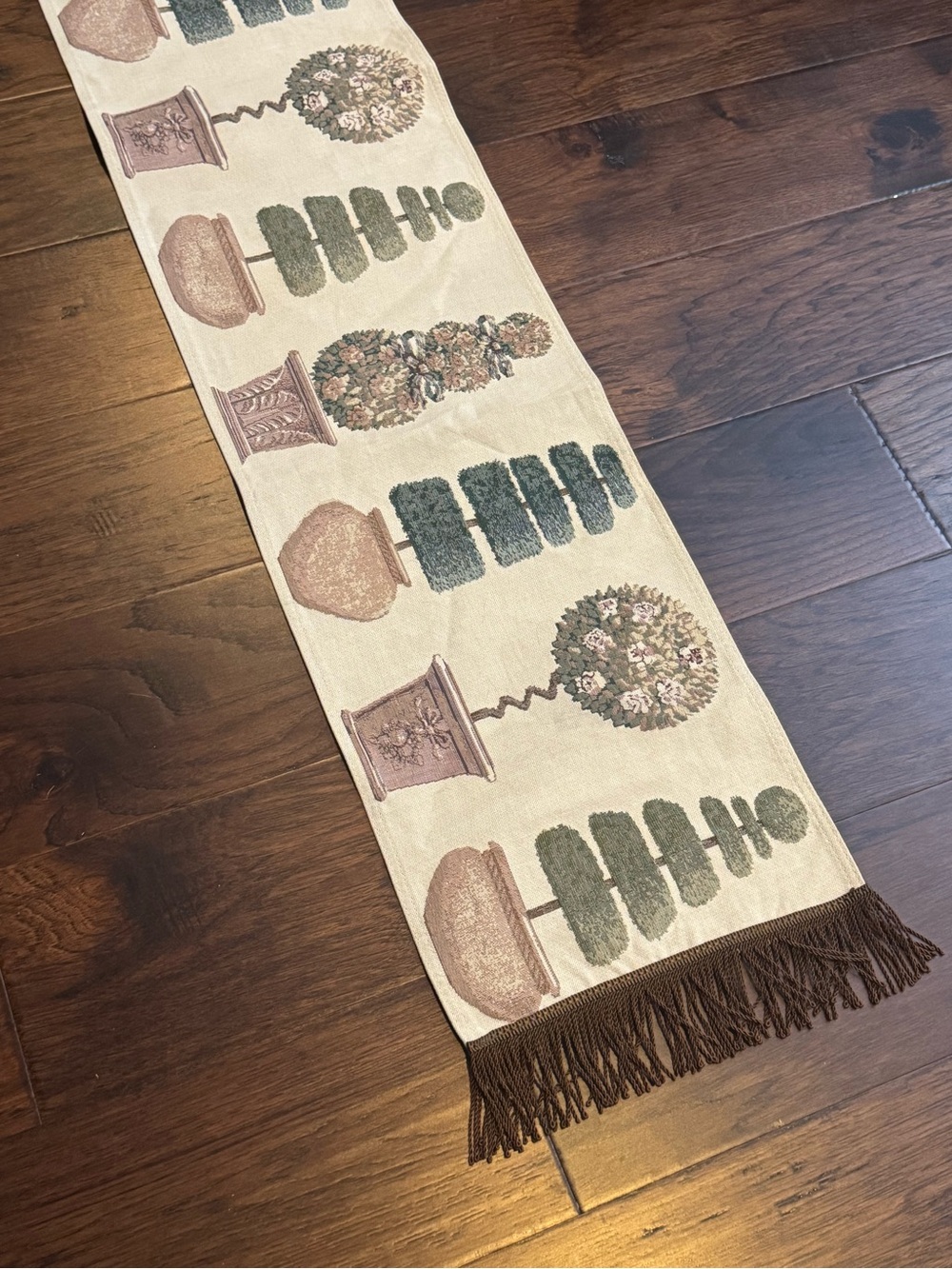 Vintage Newport Tapestry Table Runner with Topiary plants and fringe, 68” long